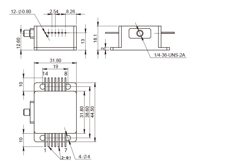 Desenhos mecânicos dos componentes do laser de diodo 14HHL_RealLight