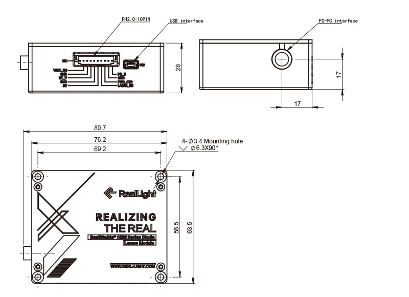 Disegno meccanico del modulo laser a diodo multimodale serie AWMO-A_RealLight