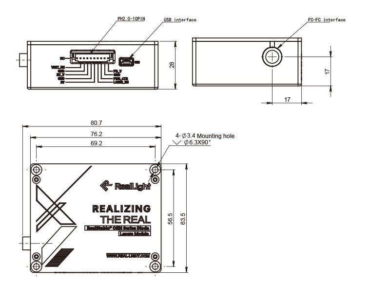 Disegni meccanici del modulo laser a diodo monomodale serie AWSO-A_RealLight